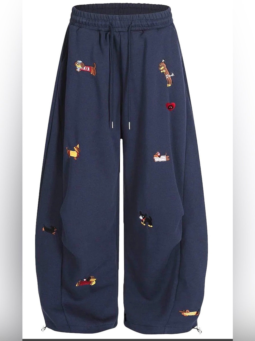 Aelfric Eden Embroidered Navy barrel baggy Sweatpants with Playful Dog motifs